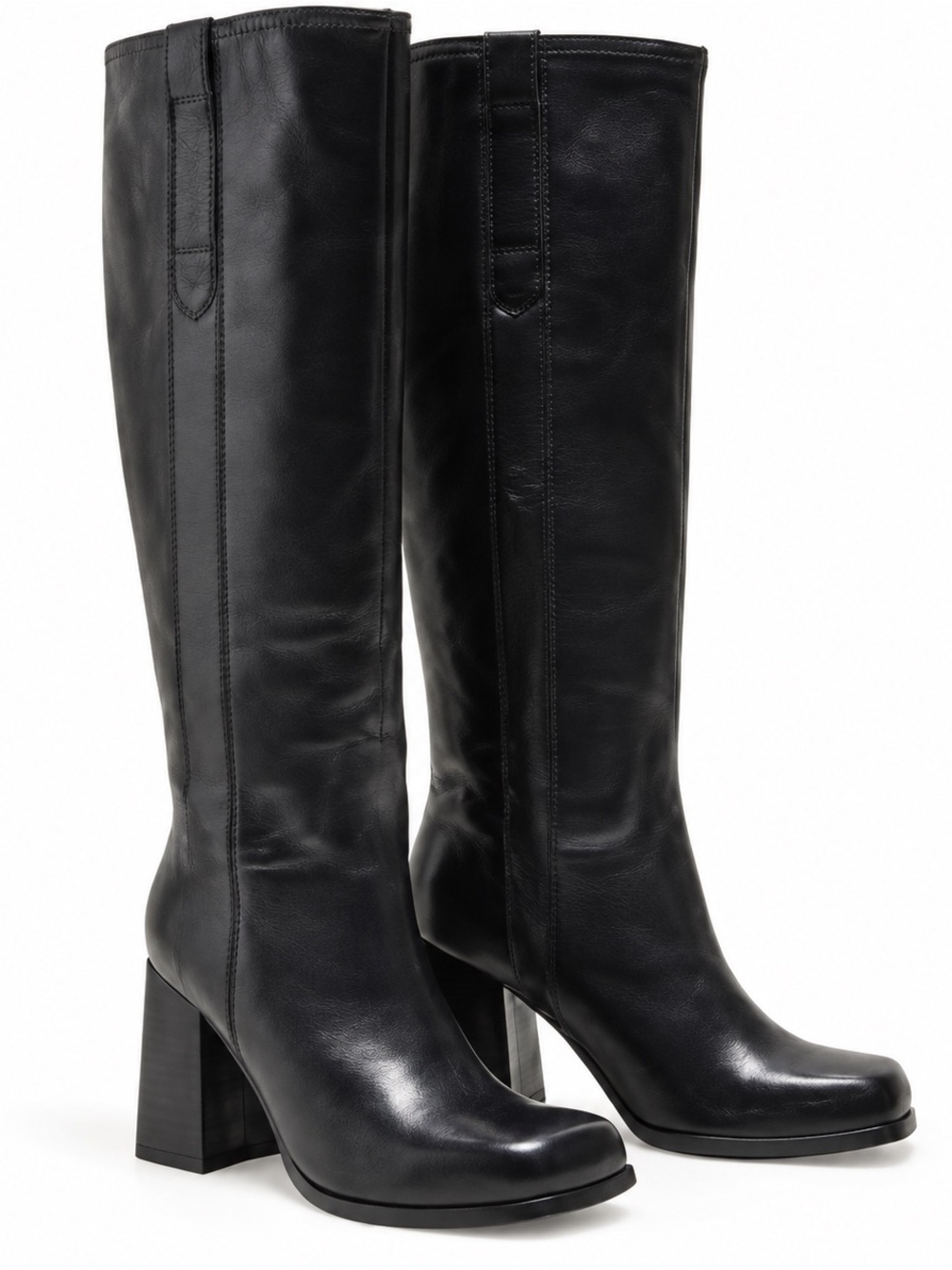 Free People Naomi Black Leather Square Toe Knee High Boots -7 Chunky Heel - NEW